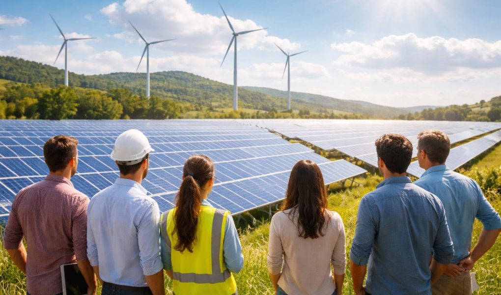 personnes-champ-panneaux-solaires-eoliennes