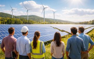 personnes-champ-panneaux-solaires-eoliennes