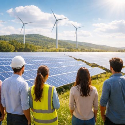 personnes-champ-panneaux-solaires-eoliennes