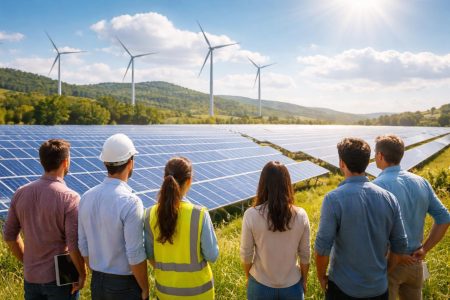 personnes-champ-panneaux-solaires-eoliennes